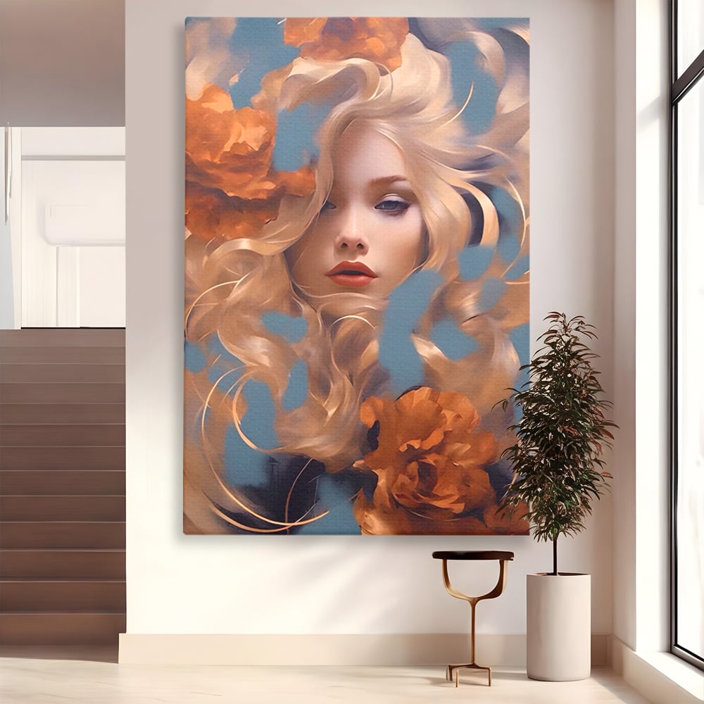Tablou canvas cu portret de femeie cu flori portocalii, fara rama, pe sasiu de lemn